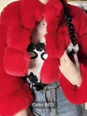 Red Faux Fur Cropped Jacket - Women's Coat